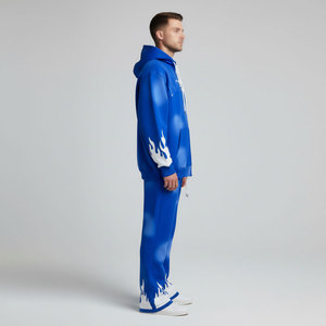Chándal de algodón 100% para hombre con capucha, estampado de llamas azules/animal, largo completo, corte regular, estilo urbano, informal de primavera con cremallera - Product Image 4