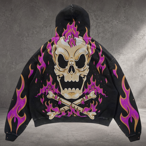 Sweat-shirt à capuche surdimensionné pour homme, imprimé crâne et flammes, style punk gothique, noir, polyester, Halloween - Product Image 1