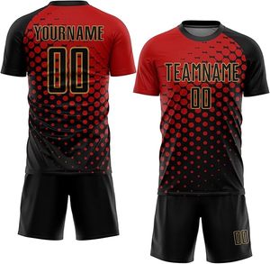 Maillot de football unisexe personnalisé rouge et noir à motif de points, sublimé, manches courtes, anti-humidité, respirant, 100 % coton et maille polyester - Product Image 1