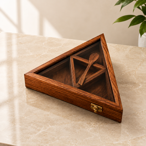 Boîte à épices triangulaire en bois faite à la main, Masala Dabba en bois de rose indien avec plusieurs compartiments, organisateur de rangement de cuisine traditionnel - Product Image 3