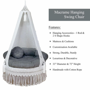 White and <b>Grey</b> Macramé Hammock Chair Hanging Bed Indoor Rope Woven Lounge Seat with Cushion for Bedroom Living Room (72"X33") - Product Image 5