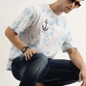 T-shirt à manches courtes pour homme, bleu tie-dye, avec imprimé ancre, col rond, coupe classique, style décontracté, tissu tricoté 100% coton - Product Image 6