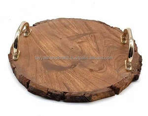 Plateau en bois naturel Plateau en bois Plateau de service en bois avec poignée en métal pour serveur Nourriture Fruits Noix d'Inde - Product Image 3