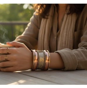 Bracelet manchette ouvert en laiton à motif géométrique en métal gravé, bord en cuivre lisse et garniture en fil perlé - Product Image 3