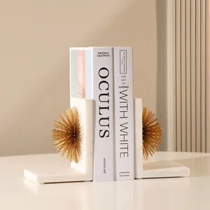 Luxury White Marble Art Deco Engraved Bookends with Gold Starburst Accents for Home Office & <b>Library</b> Display - Product Image 1