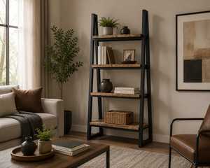 Estantería Industrial Plegable con Escalera, 4 Niveles, Estantes de Madera, Estructura Metálica, Moderna, Sin Respaldo, Mueble Independiente para Sala de Estar - Product Image 2