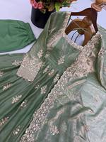 Robe Anarkali en Soie Verte avec Broderie Dorée, Coupe Ajustée Traditionnelle, Infroissable, Évasée, Longueur Ras du Sol, Tenue Ethnique pour Femme, Mariage