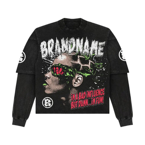 Trending Custom Screen Print Double Layer Long Sleeve T-Shirt Hip Hop Rock Graphic Streetwear Fashion Tee - Product Image 2