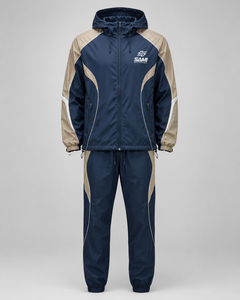 Conjunto Deportivo de Hombre con Capucha, Estilo Waffle, 100% Poliéster, Color Azul Marino y Beige, Chaqueta Deportiva con Cierre Completo y Pantalones, Ropa de Invierno - Product Image 1