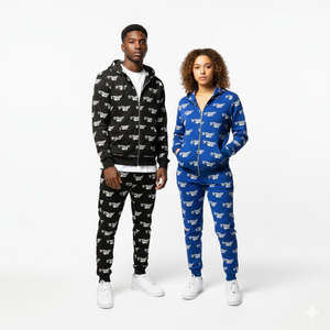 Survêtement d'hiver noir à fermeture éclair intégrale avec motif imprimé lettres blanches, unisexe, décontracté, en coton 100% épais, coupe mi-longue, jambes larges, poches latérales - Product Image 4