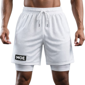 Pantalones Cortos de Gimnasio 2 en 1 Blancos con Forro de Compresión y Cordón Ajustable, Ropa de Entrenamiento, Personalización MOE, Marca Privada, Fábrica OEM - Product Image 1