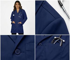 Customized Unisex Navy Blue Polyester Woven Lab Coat Hospital Uniform with Needle Detection ISO Certified for Men and Women - Product Image 3
