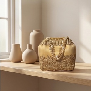 Pochette de soirée brodée à la main avec perles dorées, motif trapèze, sac à main pour mariage et fête avec doublure en PU, sac à main fait main - Product Image 4