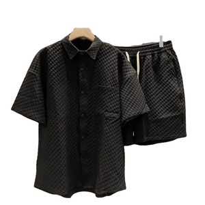 Costume d'été ample pour hommes Chemise à manches courtes en treillis + short Style britannique Costume décontracté deux pièces Jogger Outfit Tracksuit - Product Image 5