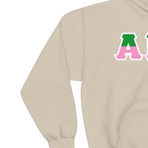 Sudadera con Capucha AKA de Dos Tonos con Letras, Sudadera Premium de Forro Polar, Ropa Personalizada para Hermandades Griegas, para Mujer, en Beige Arena, Verde y Rosa - Product Image 3