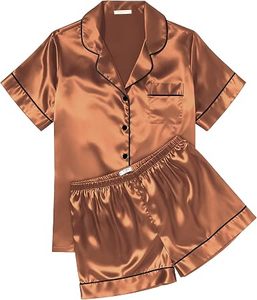 Ensemble de pyjama en satin de soie de luxe pour femmes RTS, taille élastique, manches courtes, uni, pour l'automne/l'hiver/l'été - Product Image 1