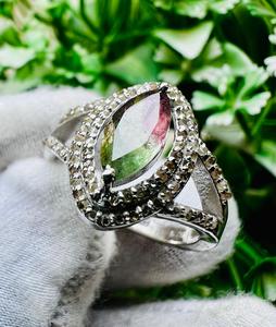 Vintage Bio Tourmaline Marquise Cut Natural <b>Crystal</b> Cocktail <b>Ring</b> 925 Silver Pave Setting Women's Everyday Wear - Product Image 2