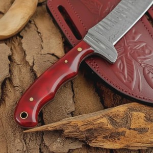 Couteau de boucher de cowboy en acier Damas forgé à la main, lame pleine longueur, manche en résine, avec étui en cuir type pancake, personnalisable OEM - Product Image 3