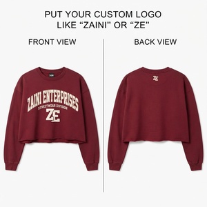 Premium 320 GSM Cotton Blend Fleece Crop <b>Top</b> Sweatshirt <b>Maroon</b> Crewneck Custom Graphic Screen Printing Streetwear Women - Product Image 1