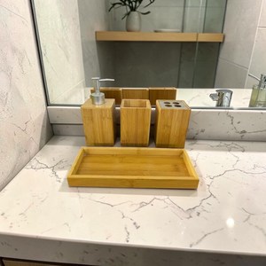 Bamboo <b>Bathroom</b> Organizer <b>Set</b> With Soap Dispenser Toothbrush Holder And Storage Tray Minimalist Rectangle Customized Design - Product Image 6