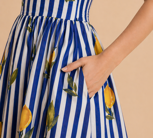 Blue <b>Lemon</b> <b>Print</b> Halter Neck Skater <b>Dress</b> With Tie On Neck Custom Cotton One Piece Fit & Flair Skater <b>Dress</b> With Two Side Pocket - Product Image 4