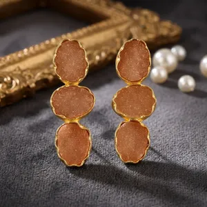 Pendientes de gota hechos a mano para mujer, joyería fina de moda, con forma de huevo, azúcar de naranja natural, drusa, chapado en oro, venta al por mayor - Product Image 1