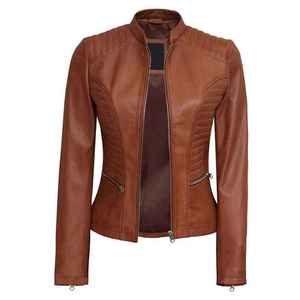 Brown Genuine <b>Leather</b> <b>Jacket</b> With Turn-down Collar Full Sleeve Autumn Style Women's Casual Outerwear Premium Quality Durable - Product Image 1