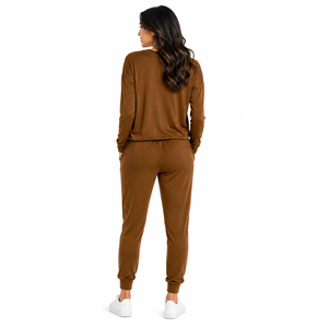 Ensemble de survêtement marron personnalisé avec logo, manches longues, col rond, pantalon de jogging, tenue décontractée deux pièces, vente en gros OEM, marque privée - Product Image 2