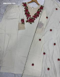 Top Quality Khadi Cotton with Multi-Thread Flower-Leaf work Yoke & Full Sleeve Straight Long <b>Kurti</b>-Pant-Dupatta Indian Exporter - Product Image 4