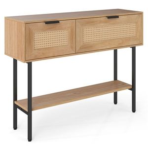 Natural Rattan Console Table with <b>Open</b> Shelf and <b>Storage</b> Cabinets 40 Inch Sturdy Carbon Steel Frame Entryway Table with Li - Product Image 3