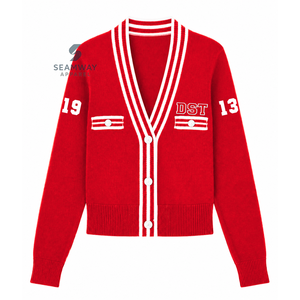 Delta| Sigma |Theta Sorority Women's Varsity Knit <b>Cardigan</b> V-Neck <b>Button</b> Front Striped Rib Trim Embroidered Preppy Style Sweater - Product Image 1