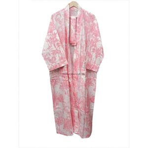 Women Pink Floral Printed Cotton Robe Long Sleeve V-Neck Full Length Casual Wear Soft Knitted Fabric <b>Belt</b> Closure Mahinewash - Product Image 5