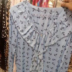 Blusa de Mujer de Alta Calidad, Estilo Vintage, con Volantes, Cuello en V, Estampado de Estrellas Azul Claro, Manga Larga, Informal, Satinada, para Fiesta, Verano, Primavera - Product Image 1