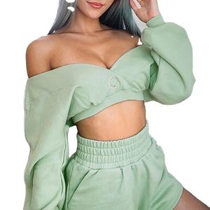 Ensemble deux pièces pour femmes, sweat-shirt à capuche court zippé personnalisé, sweat-shirt en toile unie, pantalon de survêtement, jogging - Product Image 2