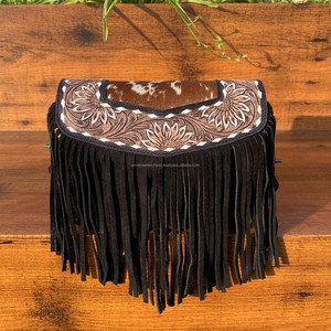Handcrafted Tooled & <b>Black</b> Suede Leather Fringe Small Crossbody Bag for Women's Western Hair on Cowhide Floral Shoulder Purse - Product Image 3