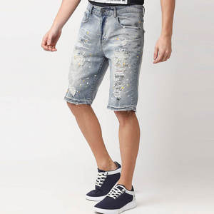 Trendy Fashionable Hip Hop Skinny <b>Jeans</b> Shorts for <b>Men</b> Mid <b>Waist</b> <b>Elastic</b> Closure Solid Front Logo Breathable Denim Shorts - Product Image 3