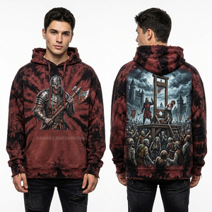 Felpa con Cappuccio Tie Dye Personalizzata da Uomo, Stile Vintage Bordeaux, Streetwear con Stampa Grafica di Esecutore Zombie, Pullover Effetto Invecchiato - Product Image 1
