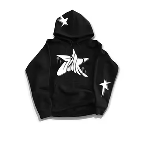 Sudadera con Capucha Unisex Negra con Estampado de Estrella Blanca, Manga Larga, Algodón, Estilo Urbano, Cierre con Cordón, Corte Regular, Otoño - Product Image 3