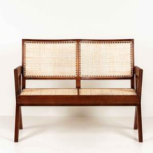 Sofá de exterior de ratán de 4 plazas estilo Pierre Jeanneret, de madera maciza, duradero, moderno de mediados de siglo, con patas en X, para patio, venta al por mayor - Product Image 2