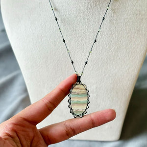 Striped Agate Macrame <b>Necklace</b> Oval Banded Stone Black Cord Beaded Boho Handmade <b>Statement</b> Jewelry - Product Image 1