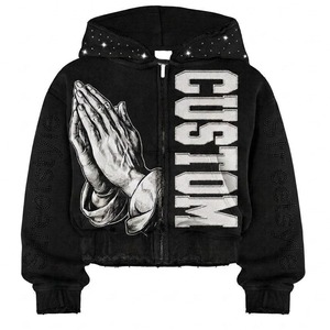 Sudadera con Capucha Negra Personalizada con Gráficos de Diamantes de Imitación y Estampado de Manos en Oración, Diseño Elegante de Ropa Urbana para Unisex - Product Image 1