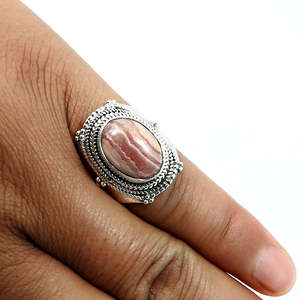 Bague en argent sterling 925 avec pierres précieuses naturelles de rhodochrosite de haute qualité, coupe ovale, bijoux bohèmes raffinés, vente en gros - Product Image 2