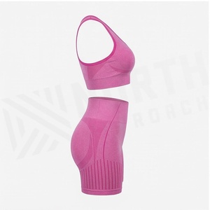 Ensemble de yoga 2 pièces North Approach : Soutien-gorge de sport dos nageur et short taille haute rose uni, anti-transpiration, respirant, sans coutures - Product Image 2