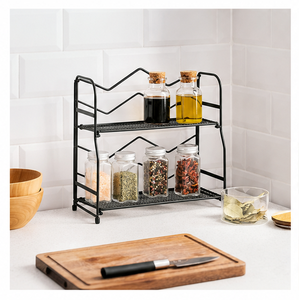 Étagère à épices moderne noire à 2 niveaux en métal pour comptoir de cuisine et support polyvalent sur pied en promotion - Product Image 3