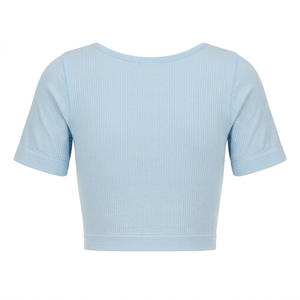 Camiseta Corta con Cuello Acanalado para Mujer, Ajuste Ceñido, Manga Corta, Transpirable, Spandex/Nylon, Sin Costuras, para Entrenamiento, Venta al por Mayor - Product Image 3