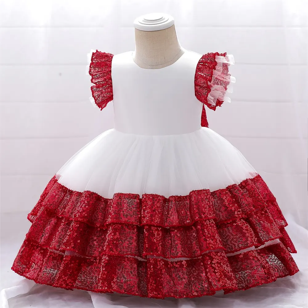 FSMKTZ 2022 summer design sleeves Layered baby dress pretty girls hot sale red dress rose flower baby girl