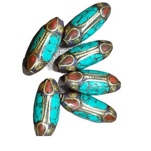 Cuentas de joyería tibetanas ovaladas con incrustaciones de aleación de cobre verde talladas a mano - Product Image 6