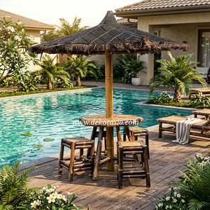 Natural Bamboo Outdoor <b>Table</b> Set with Umbrella Roof and Bar Chairs for Garden <b>Patio</b> Resort Furniture Decor - Product Image 6