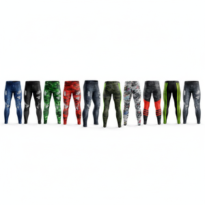 Men's Solid Plain Color Distressed Denim Print Compression Leggings High Waist Stretch Fitness Running Gym Tights Skinny Pants - Product Image 1
