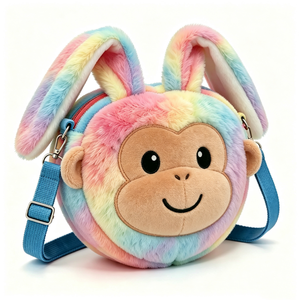 Bolso bandolera de peluche personalizado para niños, bolso de peluche con orejas de conejo, bolso bandolera de peluche con diseño de mono, bolso de mono arcoíris. - Product Image 2